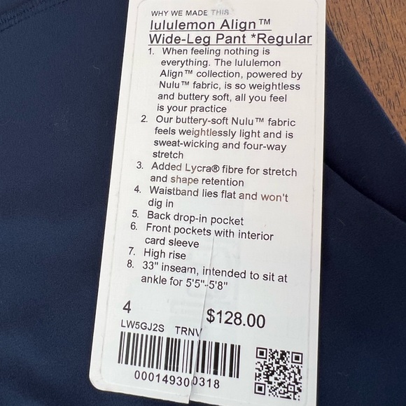 NWT Lululemon Align High Rise Wide Leg Pant Navy Size 4- 33” length - Picture 3 of 8